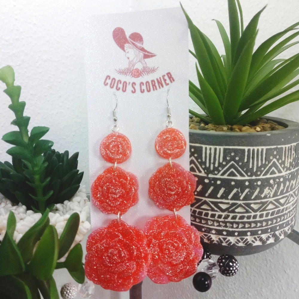Glitter rose long dangle resin earrings